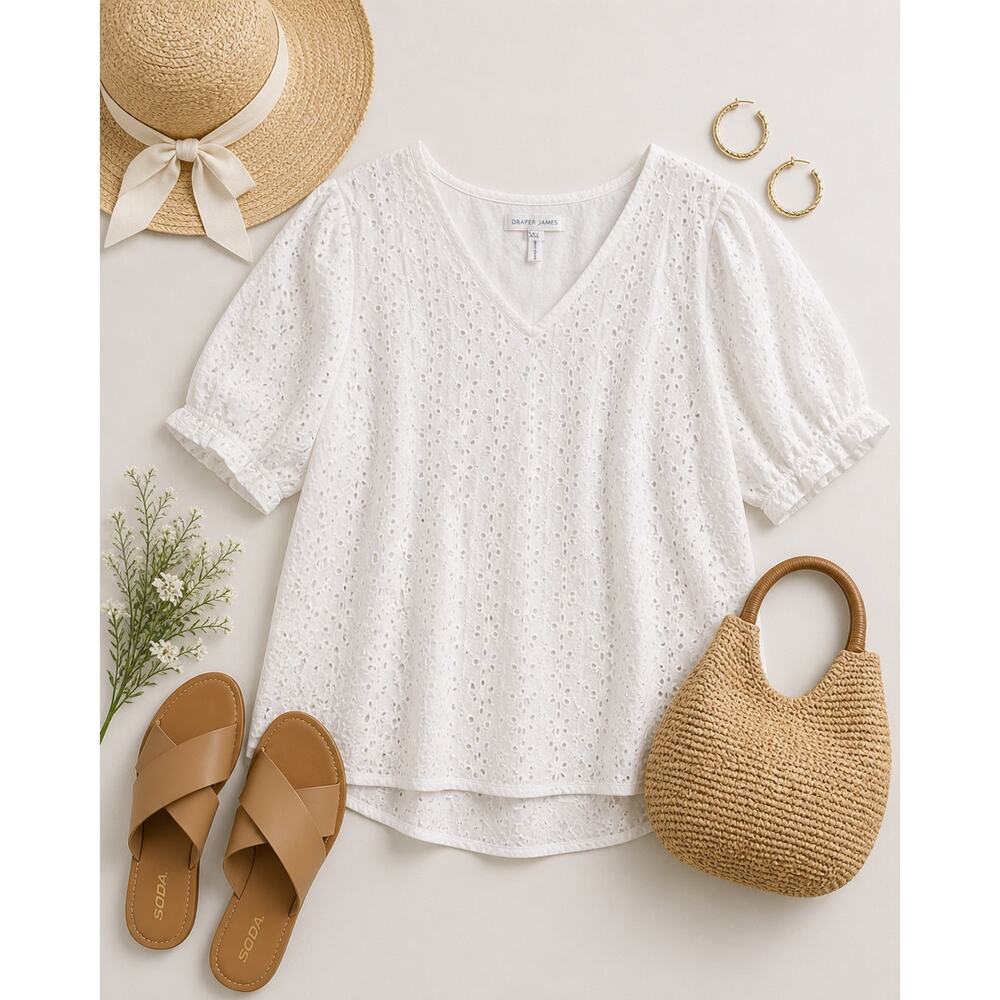 Draper James White Eyelet Puff Sleeve Cottagecore Boho Blouse Romantic Top XXL